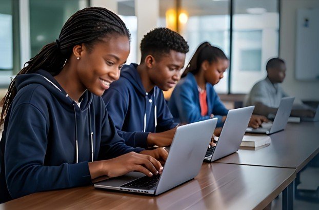 Young people learning on laptops