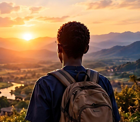 A young African with a backpack looking at a sunrise over the land